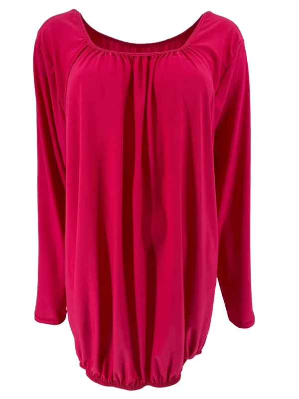 Basic ballon shirt met LANGE MOUW travelstof uni fuchsia. bds