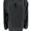 Blouse in linnen-look met circle werking op de mouw zwart