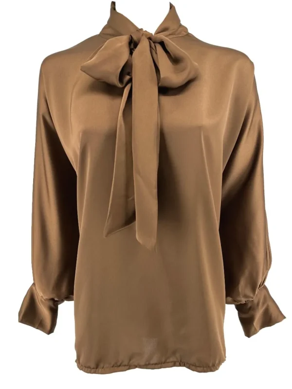 Blouse in satijn-look met strik in de hals Heidi bruin