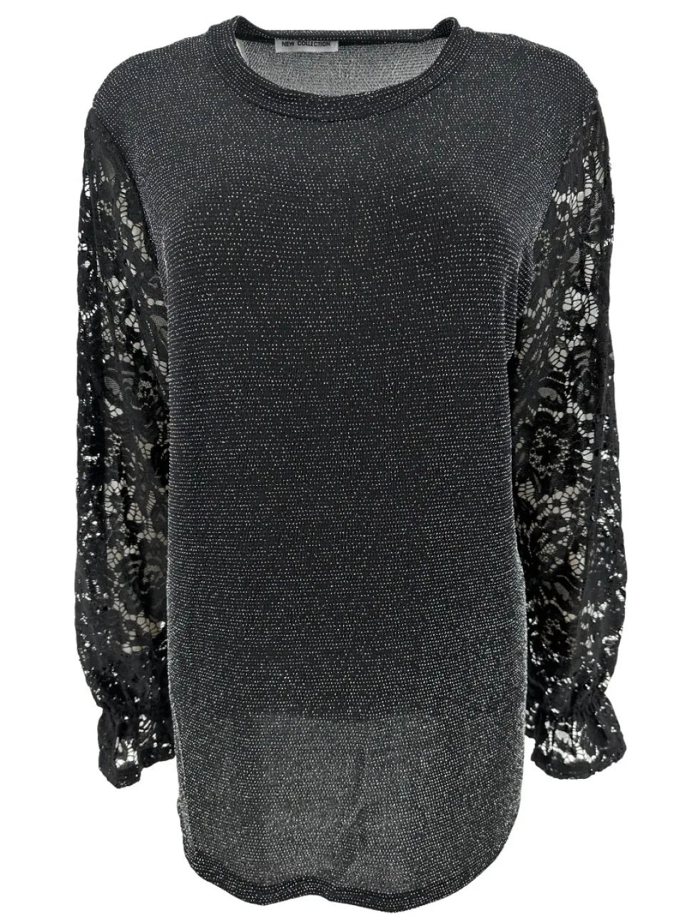 blouse_met_glitter_en_ron_0-2.webp Blouse met GLITTER en ronde hals met kanten mouw Blaire zilver