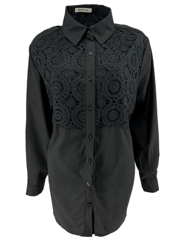 Blouse met halve werking aan de voorzijde mandala zwart (W8697)