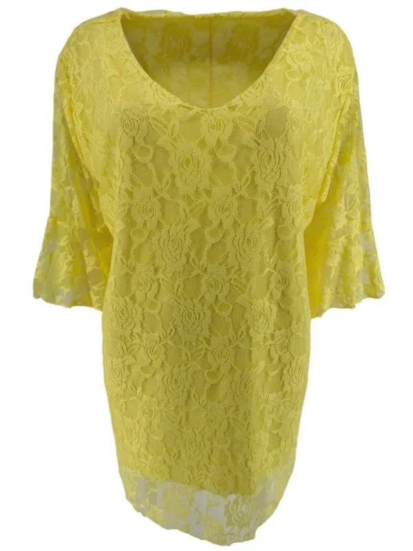 Blouse met kant en v-hals met volant mouw Cindy geel