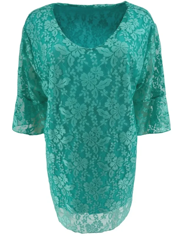 Blouse met kant en v-hals met volant mouw Cindy turquoise