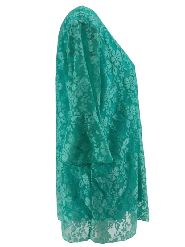 Blouse met kant en v-hals met volant mouw Cindy turquoise