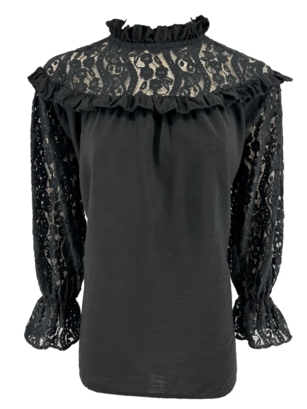 Blouse met kanten mouw en ruffle Ami zwart