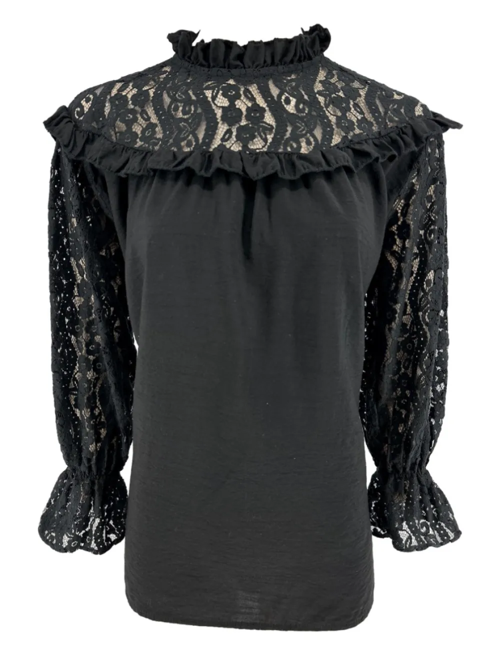 blouse_met_kanten_mouw_en_0-2.webp Blouse met kanten mouw en ruffle Ami zwart