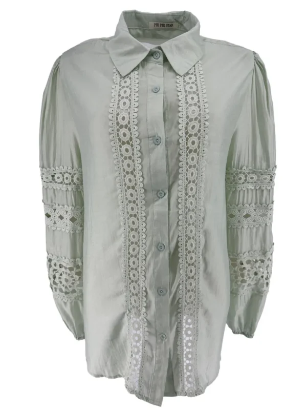 Blouse met kraag en circle broderie licht groen (W8666)