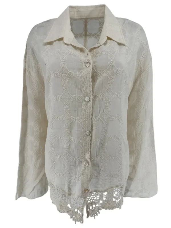 Blouse met kraag en kanten rand Tekna beige (GBD)