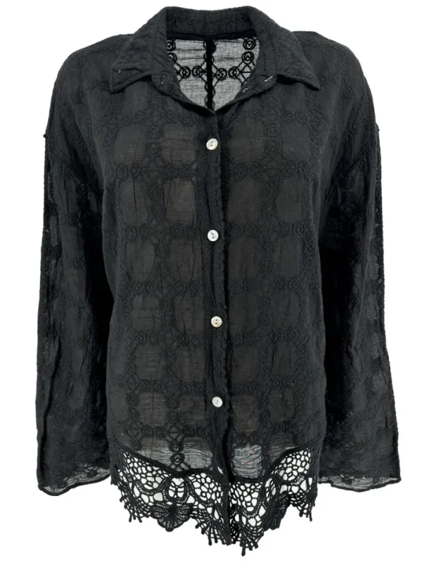 Blouse met kraag en kanten rand Tekna zwart (GBD)