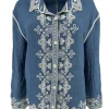 Blouse met kraag en werking Tara denim blauw
