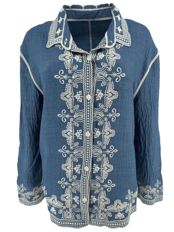 Blouse met kraag en werking Tara denim blauw