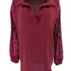 Blouse met lange KANTEN mouw en v-hals kraag bordeaux