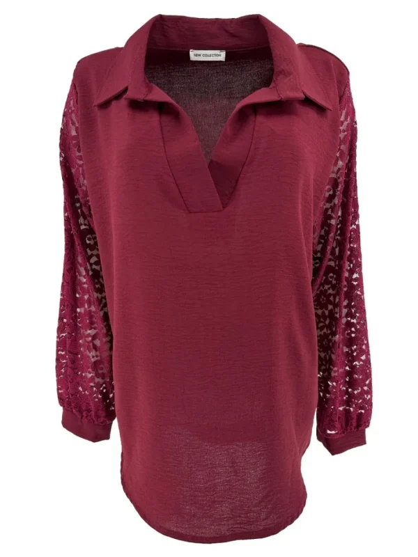 Blouse met lange KANTEN mouw en v-hals kraag bordeaux