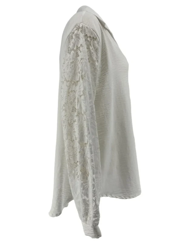 Blouse met lange KANTEN mouw en v-hals kraag off-white
