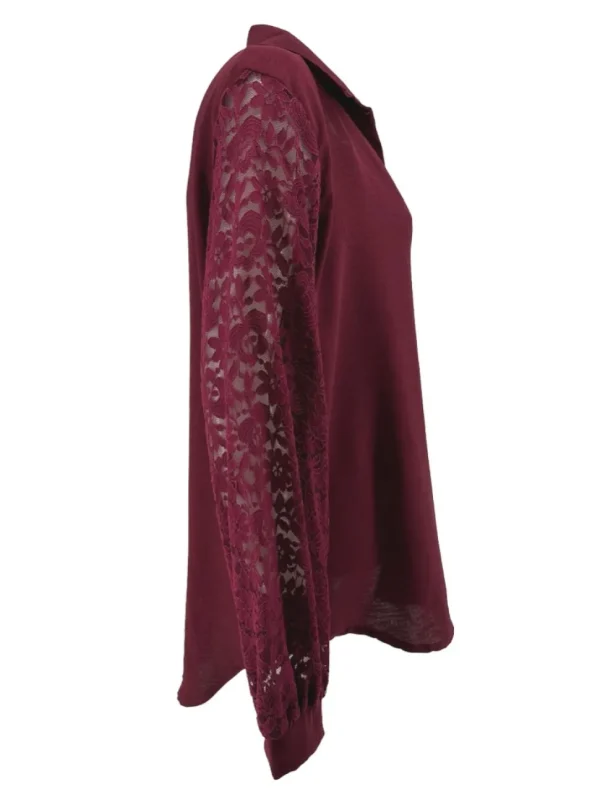 Blouse met lange KANTEN mouw en v-hals kraag bordeaux