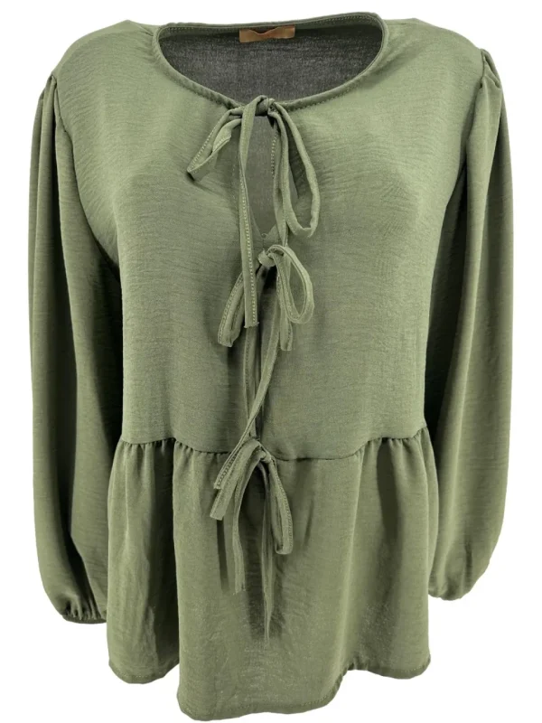 Blouse met lange mouw en strikjes aan de voorzijde army (SALE)