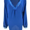 Blouse met lange mouw en kanten v-hals Bea kobalt