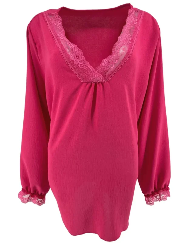 Blouse met lange mouw en kanten v-hals Bea fuchsia