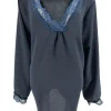 Blouse met lange mouw en kanten v-hals Bea donker blauw