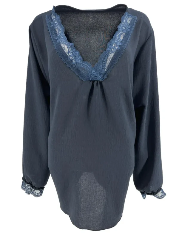 Blouse met lange mouw en kanten v-hals Bea donker blauw