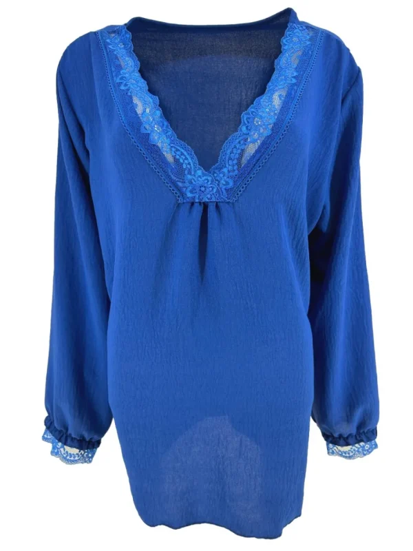 Blouse met lange mouw en kanten v-hals Bea kobalt