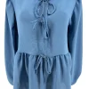 Blouse met lange mouw en strikjes aan de voorzijde jeans blauw (SALE)