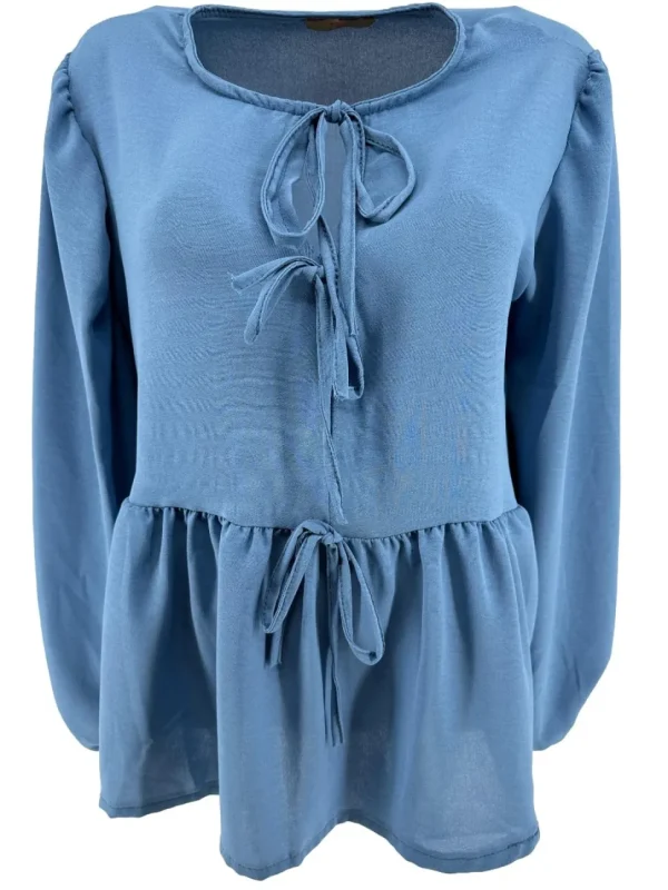 Blouse met lange mouw en strikjes aan de voorzijde jeans blauw (SALE)