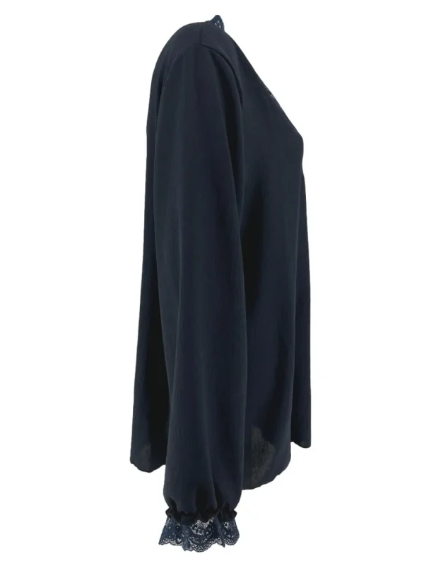 Blouse met lange mouw en kanten v-hals Bea donker blauw
