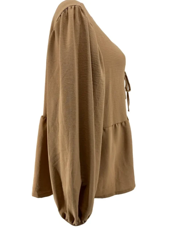 Blouse met lange mouw en strikjes aan de voorzijde camel (SALE)