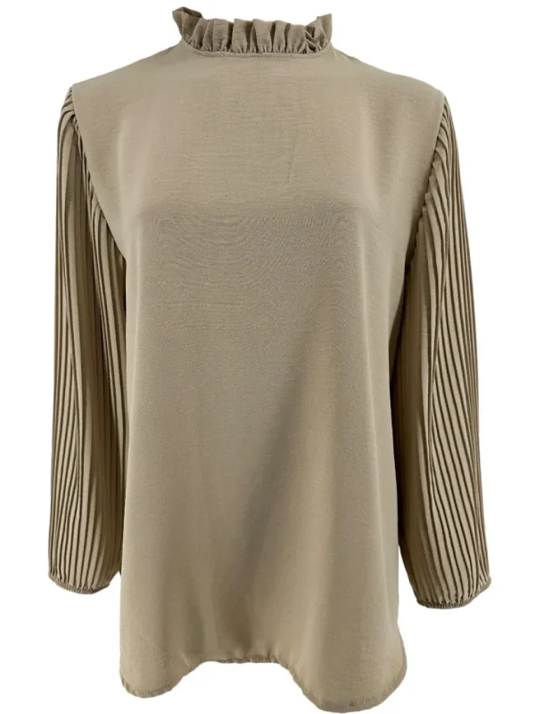Blouse met plisse mouw en ruffle aan de hals Karlien beige