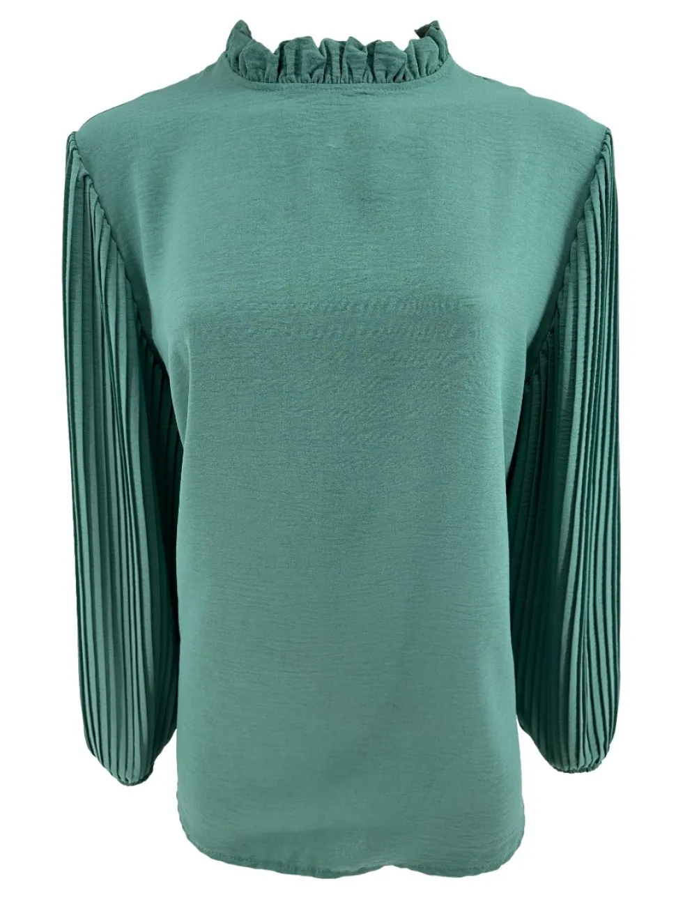 blouse_met_plisse_mouw_en_0.webp Blouse met plisse mouw en ruffle aan de hals Karlien zeegroen