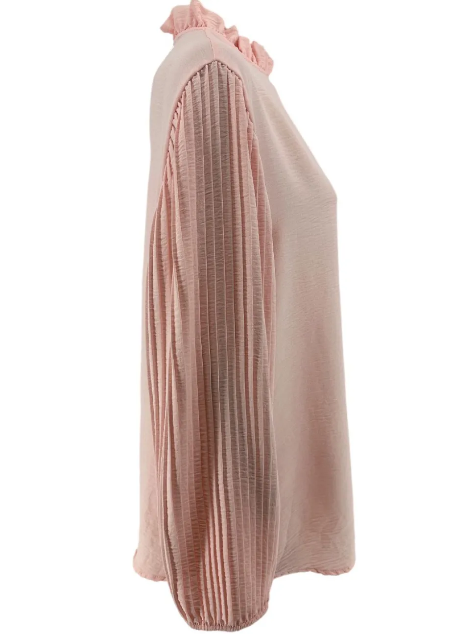 blouse_met_plisse_mouw_en_1-2.webp Blouse met plisse mouw en ruffle aan de hals Karlien licht roze