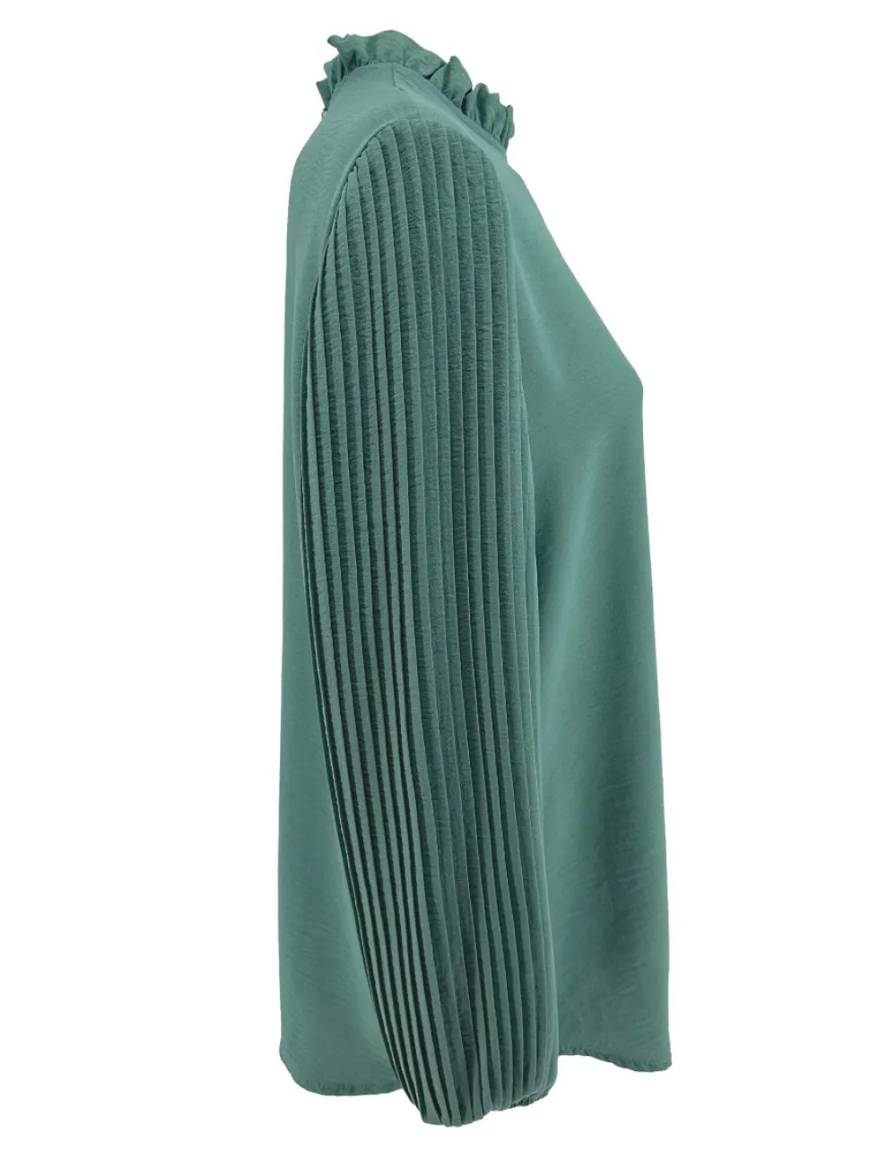 blouse_met_plisse_mouw_en_1.webp Blouse met plisse mouw en ruffle aan de hals Karlien zeegroen