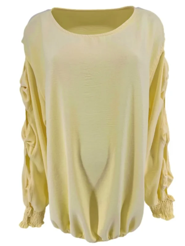 Blouse met ronde hals en open mouw met strikjes geel