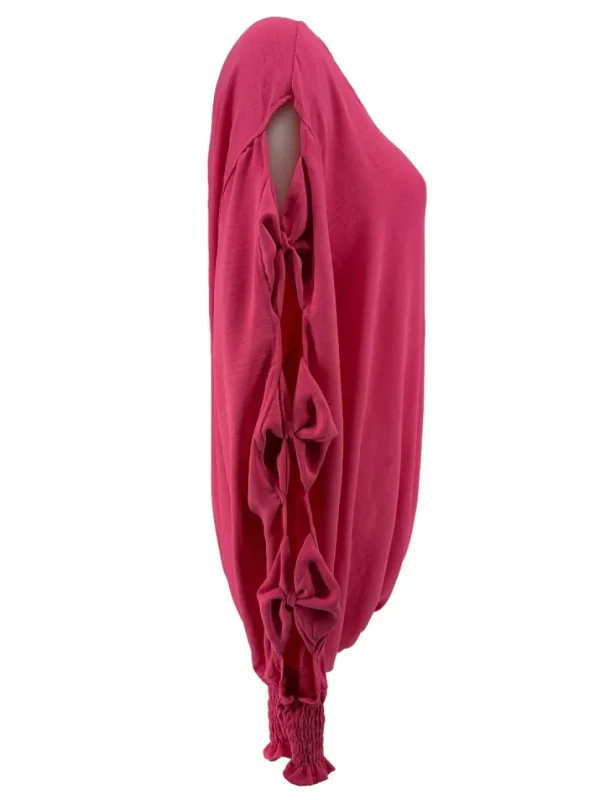 Blouse met ronde hals en open mouw met strikjes fuchsia