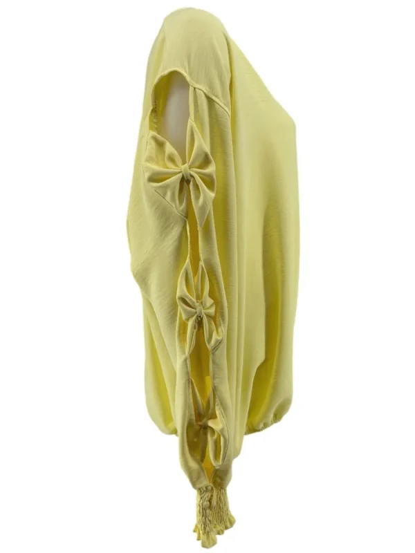 Blouse met ronde hals en open mouw met strikjes geel