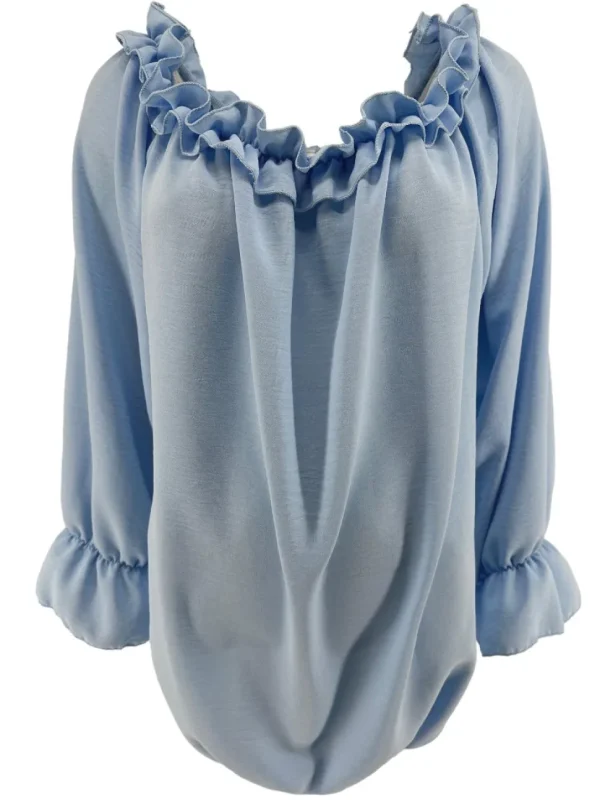 Blouse met ruffel in de hals Melissa met lange mouw licht blauw