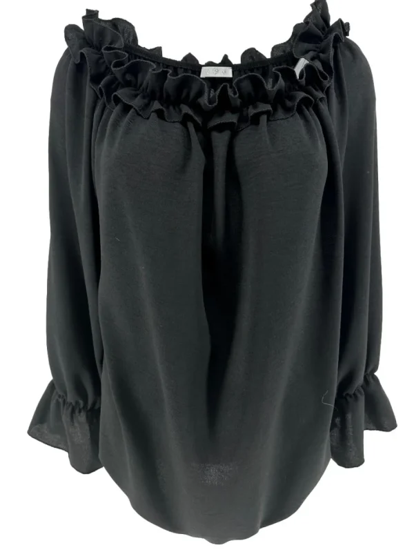 Blouse met ruffel in de hals Melissa met lange mouw zwart