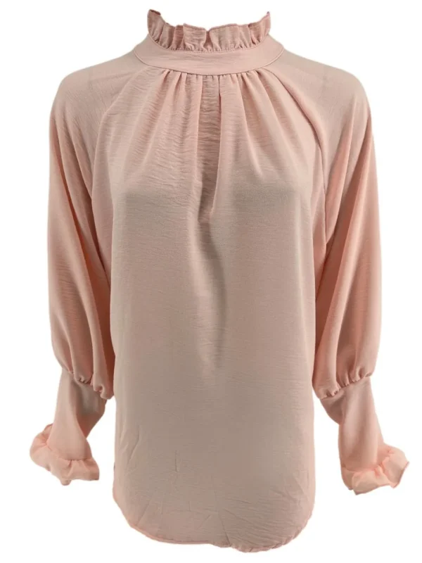 Blouse met ruffle en knoopje in de hals Nicole zalm