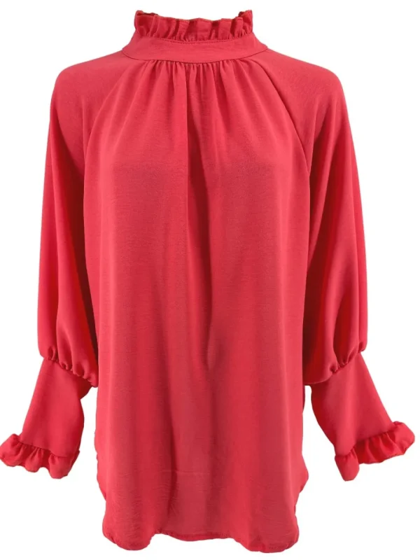 Blouse met ruffle en knoopje in de hals Nicole koraal