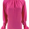 Blouse met ruffle en knoopje in de hals Nicole fuchsia