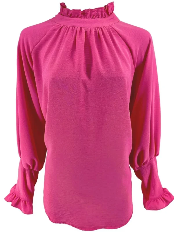 Blouse met ruffle en knoopje in de hals Nicole fuchsia