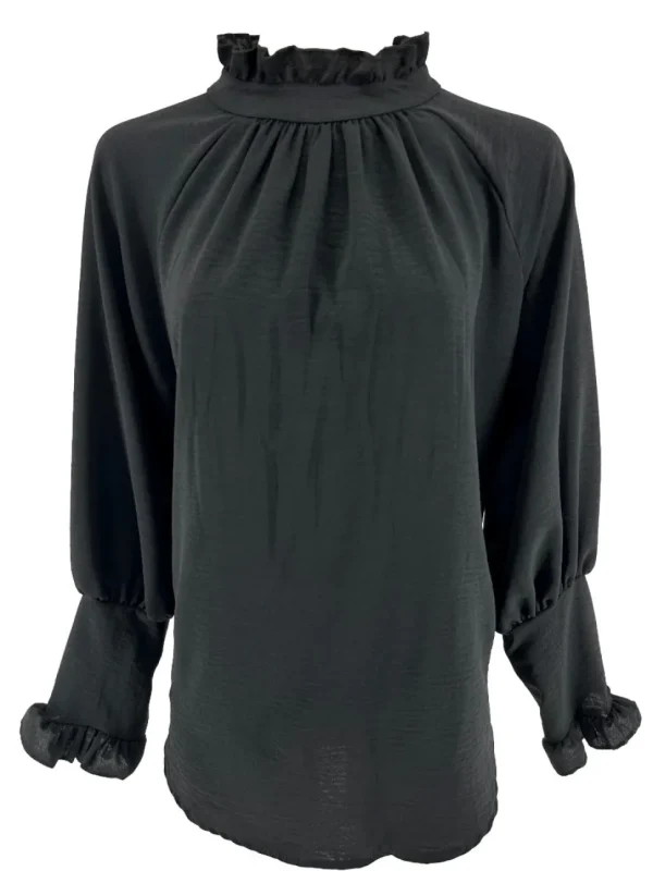 Blouse met ruffle en knoopje in de hals Nicole zwart