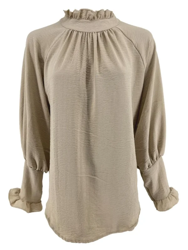 Blouse met ruffle en knoopje in de hals Nicole beige