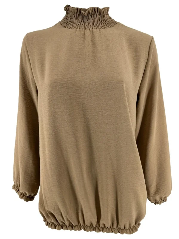 Blouse met smock hals en elastiek aan de onderzijde camel