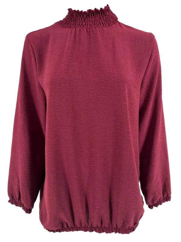 Blouse met smock hals en elastiek aan de onderzijde wijnrood