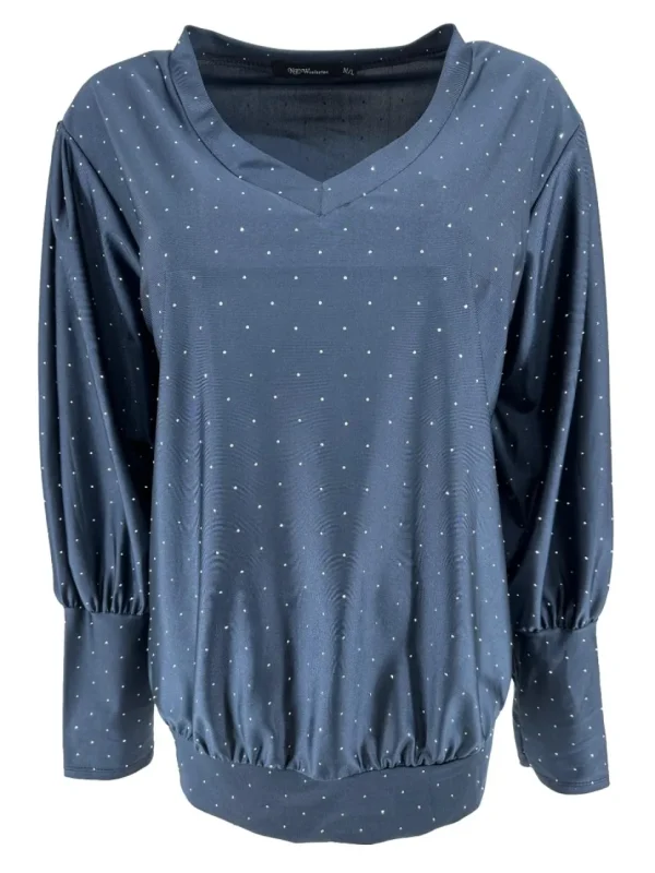 Blouse met strass steentjes en boord met V-hals Tippie donker blauwSALE #FBK