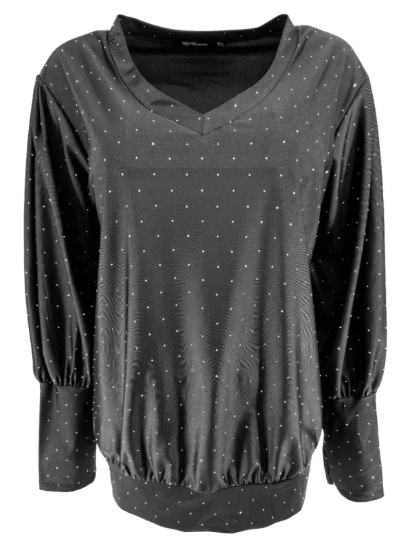 Blouse met strass steentjes en boord met V-hals Tippie zwartSALE #FBK