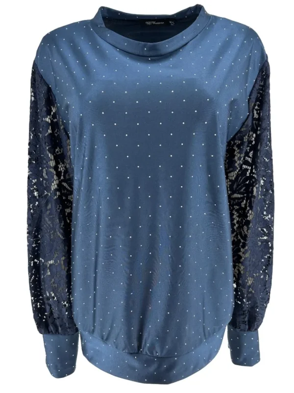 Blouse met strass steentjes en kanten mouw Elvira donker blauwSALE #FBK