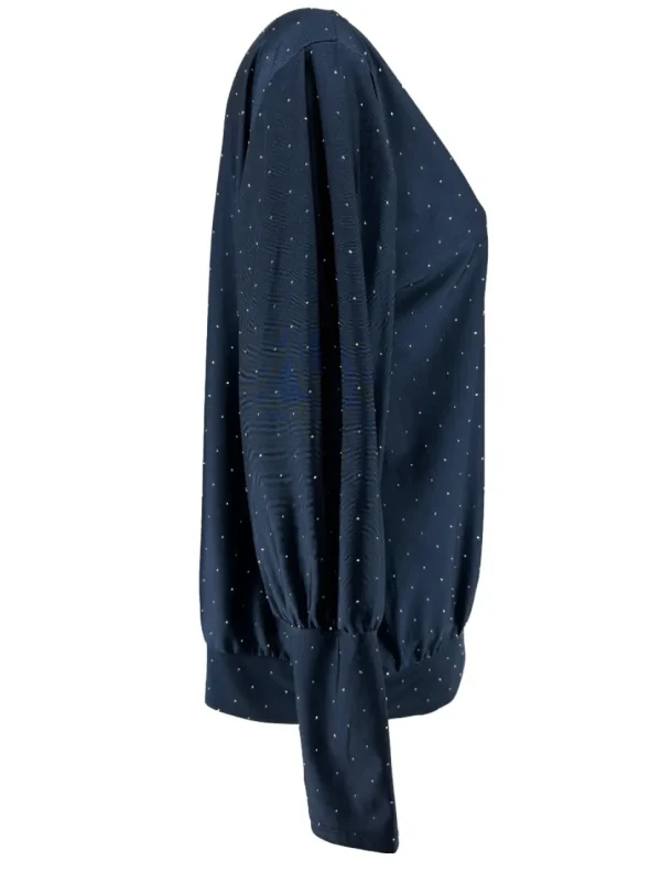 Blouse met strass steentjes en boord met V-hals Tippie donker blauwSALE #FBK